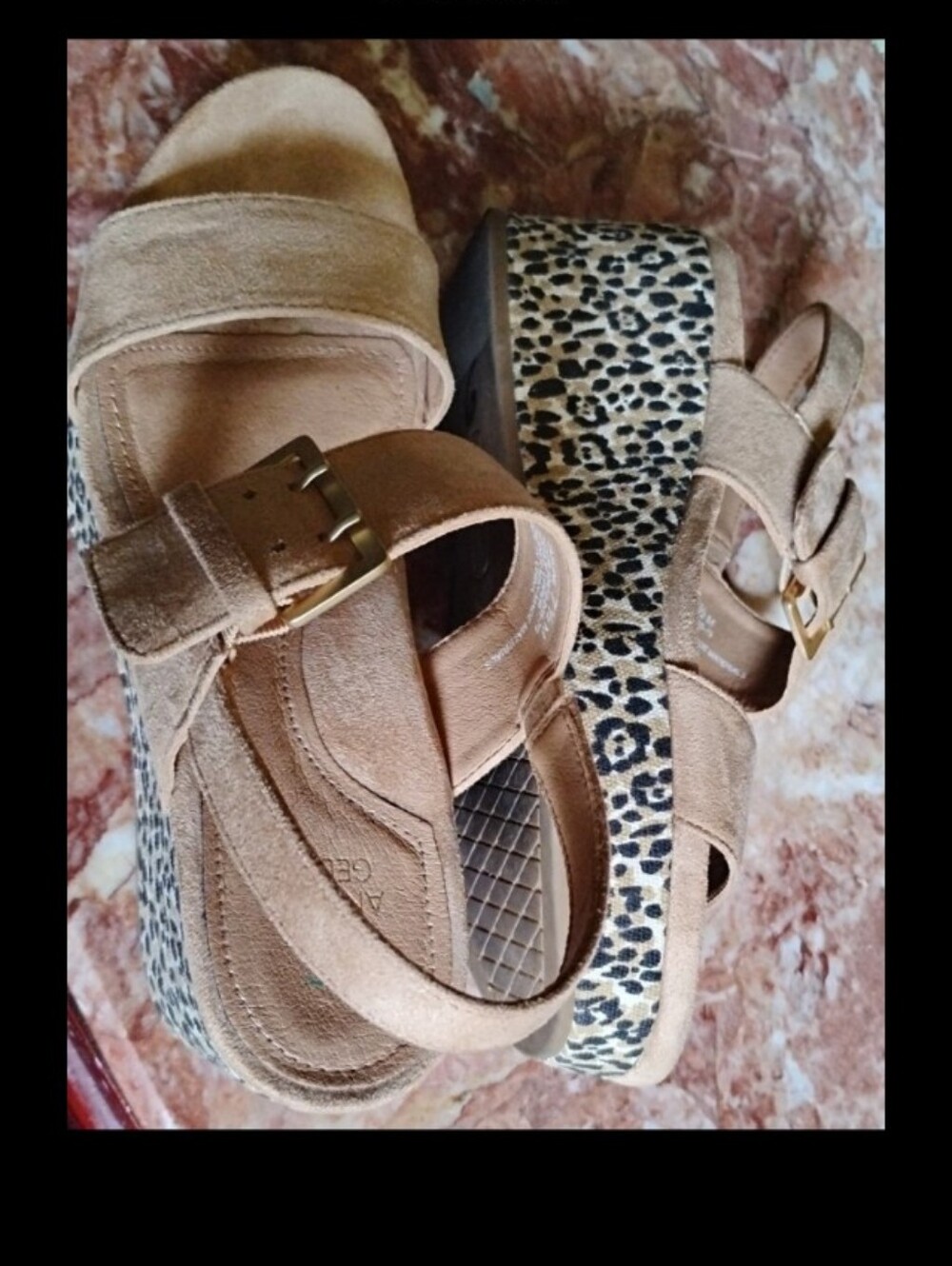 Tan Suede Platform Sandals with Leopard Print Wedge